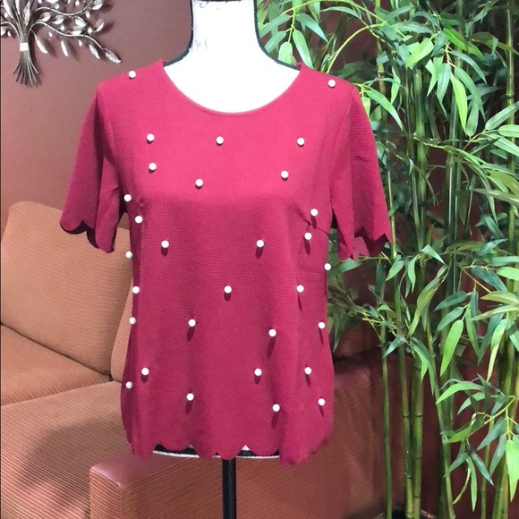 SALE❣️Burgundy❣️Scallop Trim Pearl Embellish Top - Picture 7 of 7